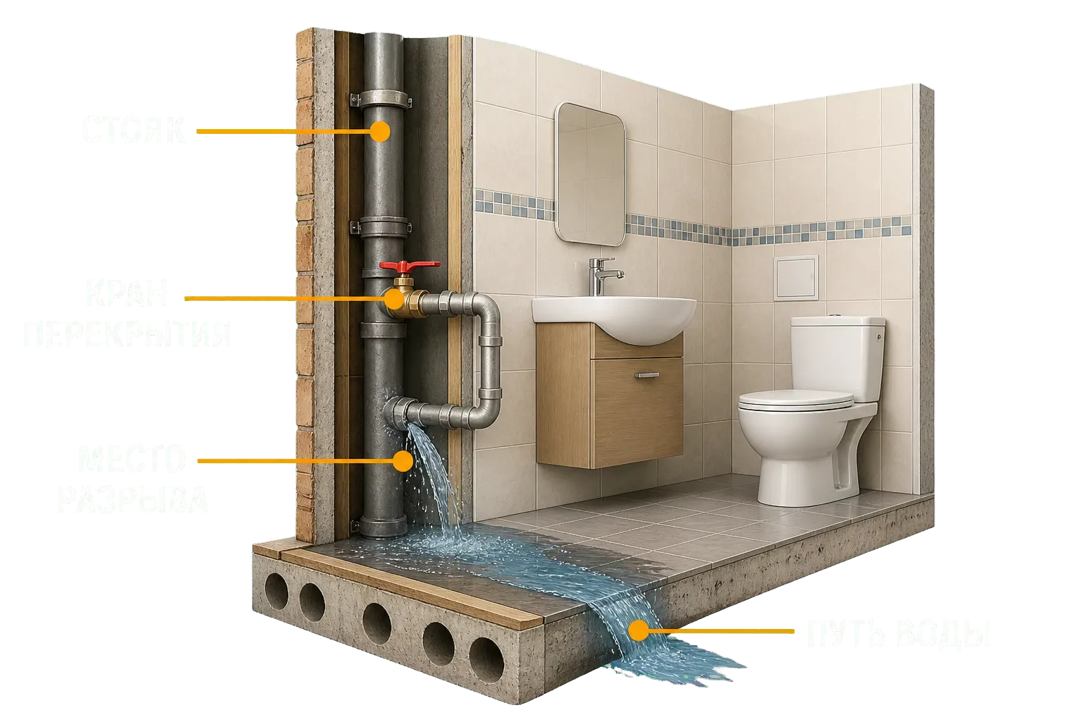 Стояк, кран перекрытия, место разрыва трубы и путь воды