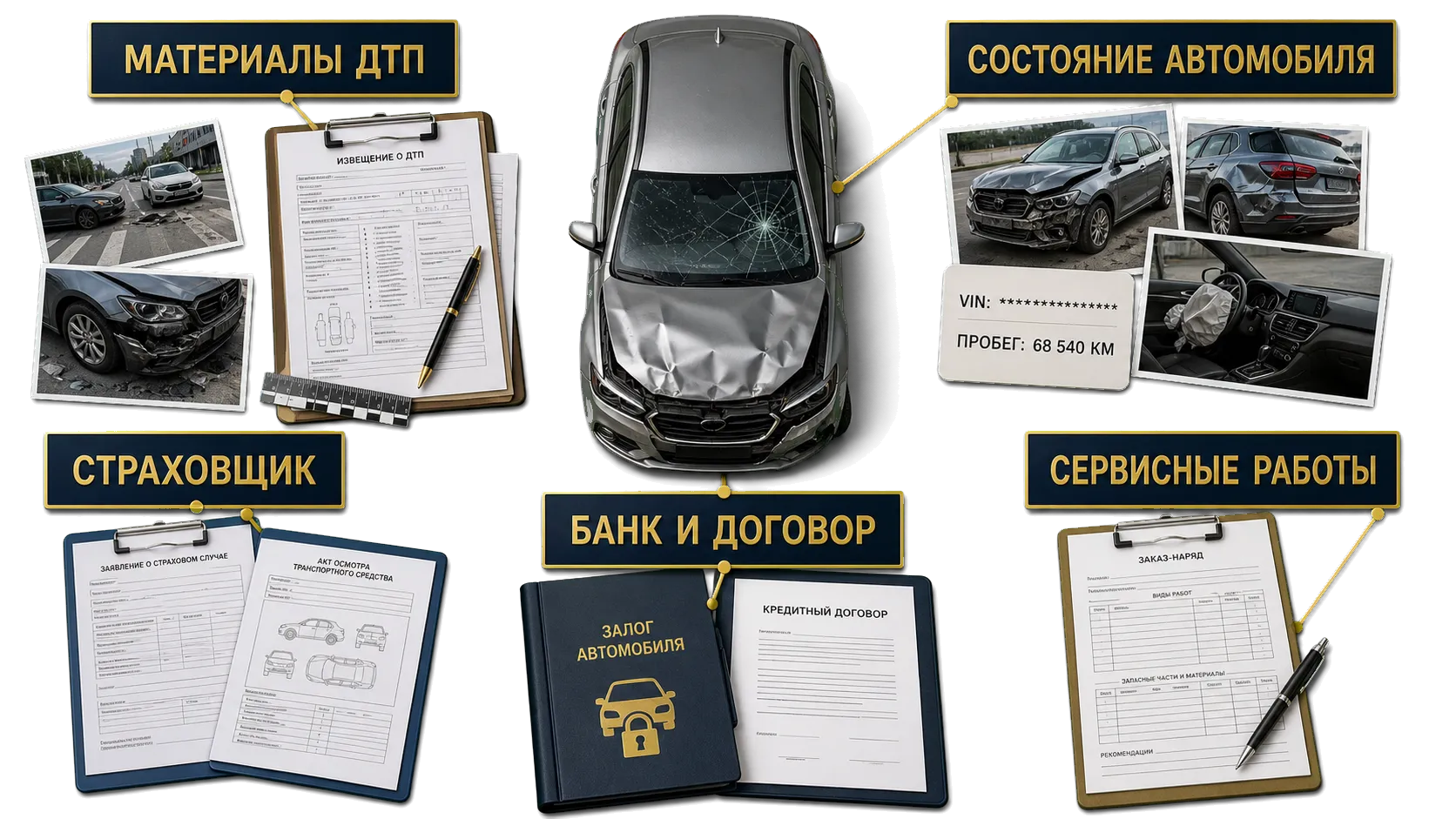 Материалы ДТП, состояние автомобиля, документы страховщика, банка и сервисных работ