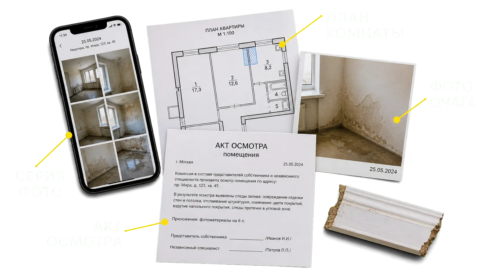 Фотографии очага, план комнаты, акт осмотра и серия снимков для технического исследования