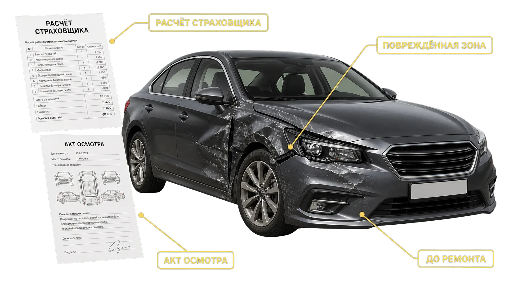 Автомобиль после ДТП, расчёт страховщика, акт осмотра и доступные повреждения до ремонта