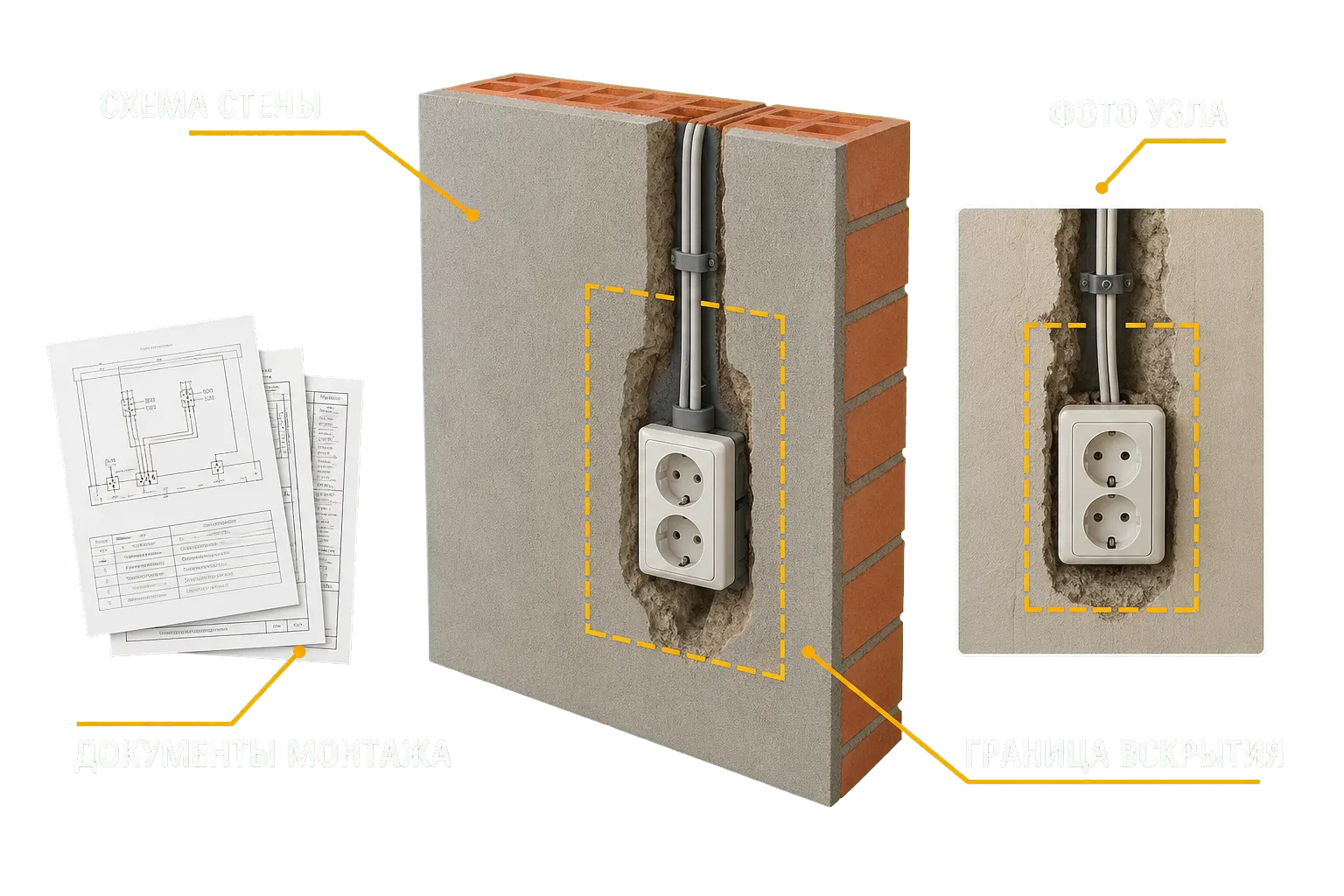 Схема стены, документы электромонтажа, фото узла и граница вскрытия
