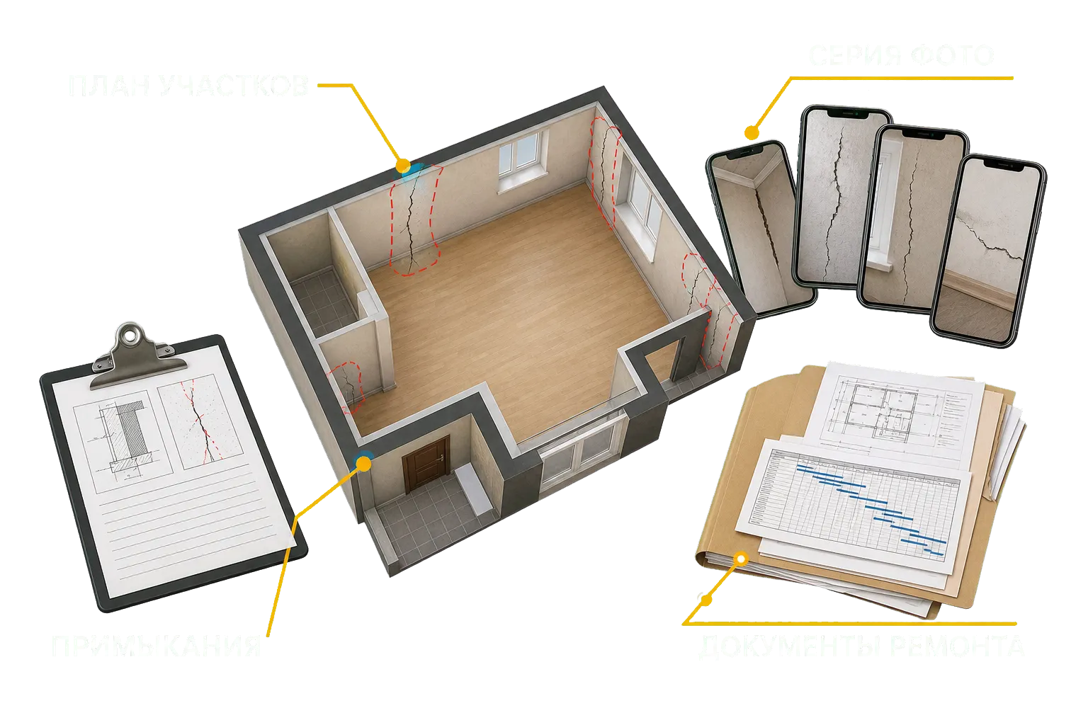 План участков, серия фото трещин, примыкания и документы ремонта