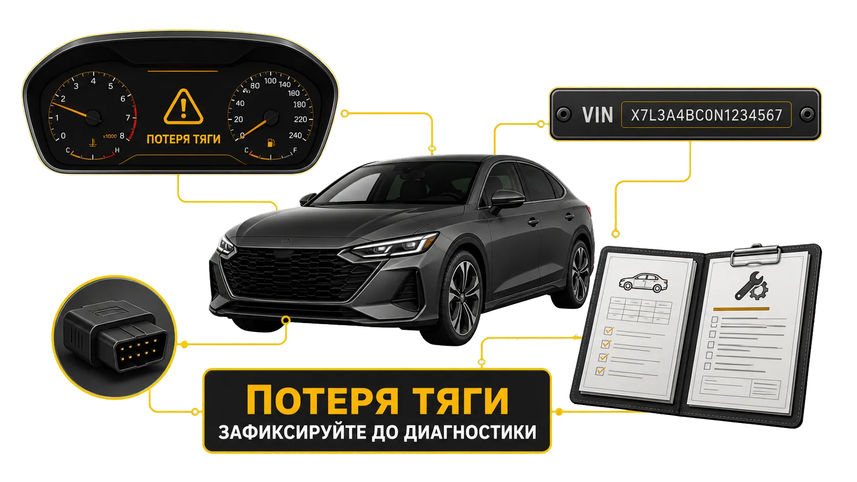 Автомобиль, снижение тяги, панель приборов и заказ-наряд после ремонта