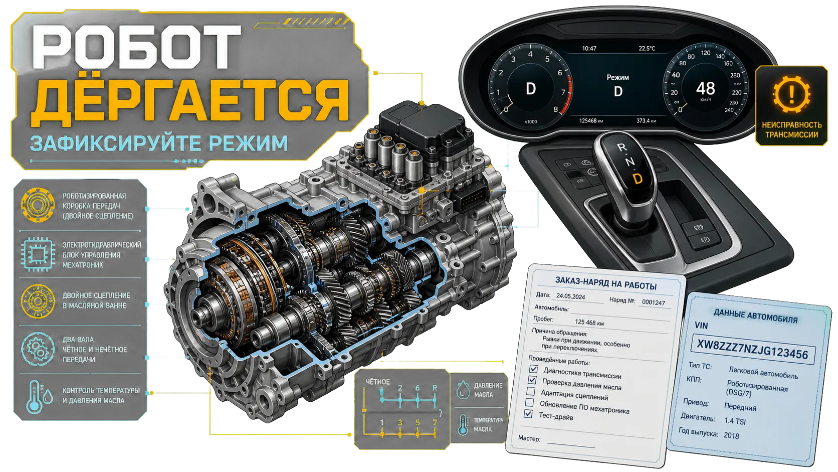 Роботизированная коробка, селектор, предупреждение на панели и заказ-наряд после ремонта