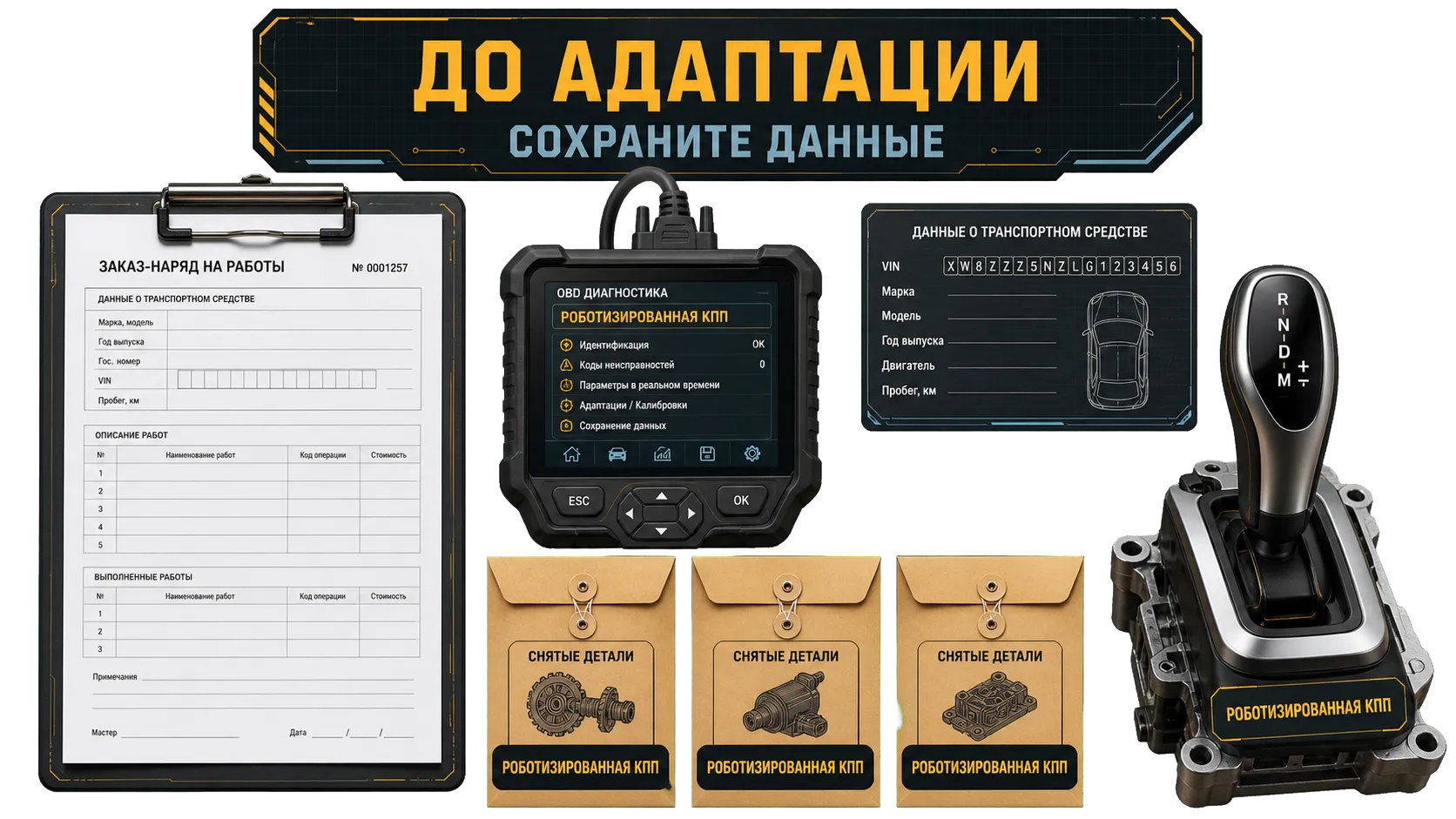 Документы СТО, сканер, селектор роботизированной коробки и фиксация состояния до адаптации