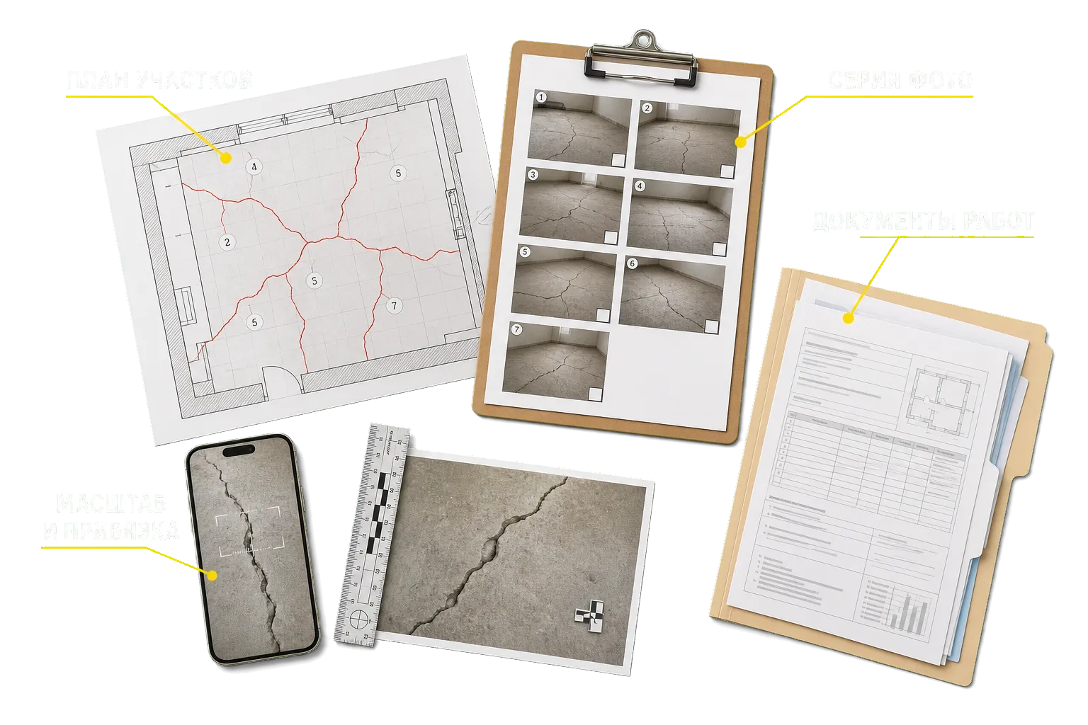 План комнаты, фотографии трещин, документы ремонта и последовательность фиксации пола