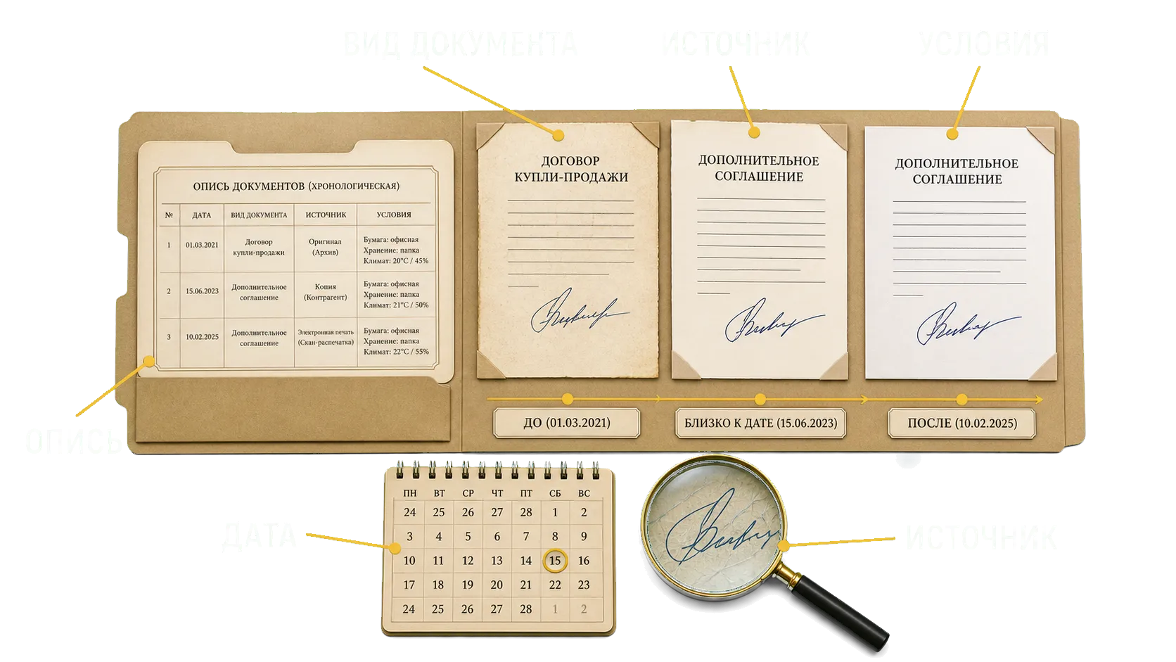 Опись образцов подписи с датой, источником, видом документа и условиями выполнения