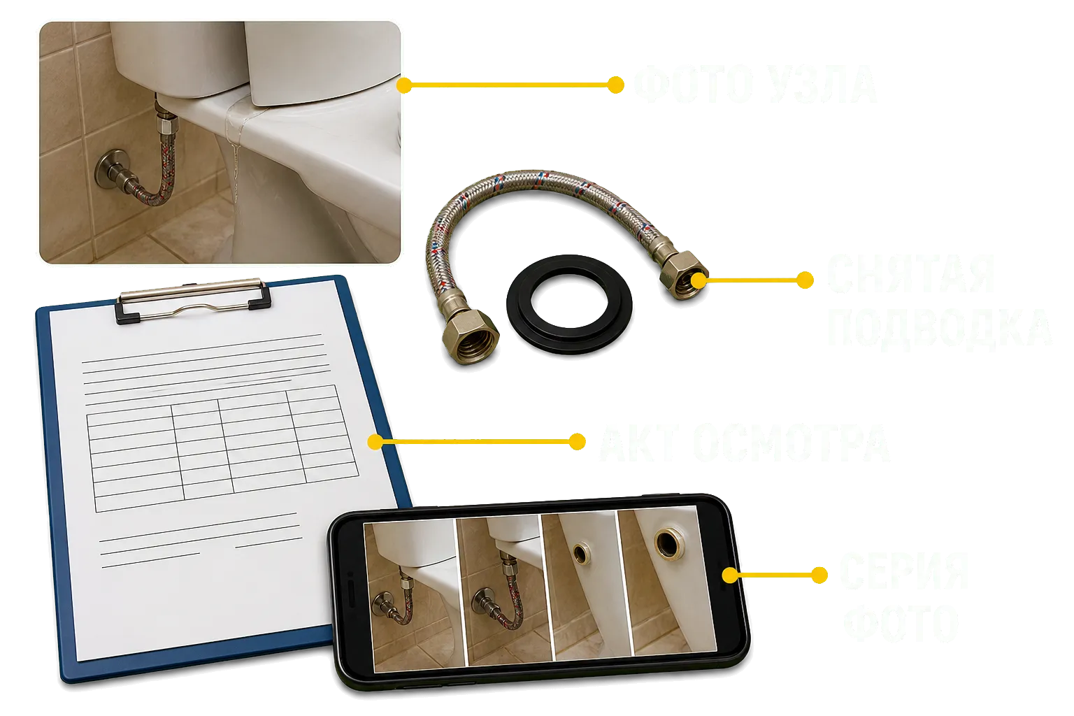 Фото сантехнического узла, снятая подводка, акт и серия фотографий